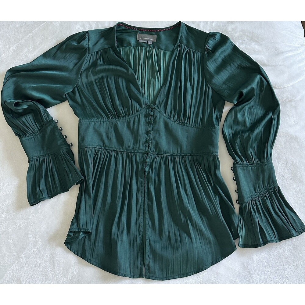 By Anthropologie Deep-V Tunic Blouse M Emerald Green Satin Corset Peplum Top
